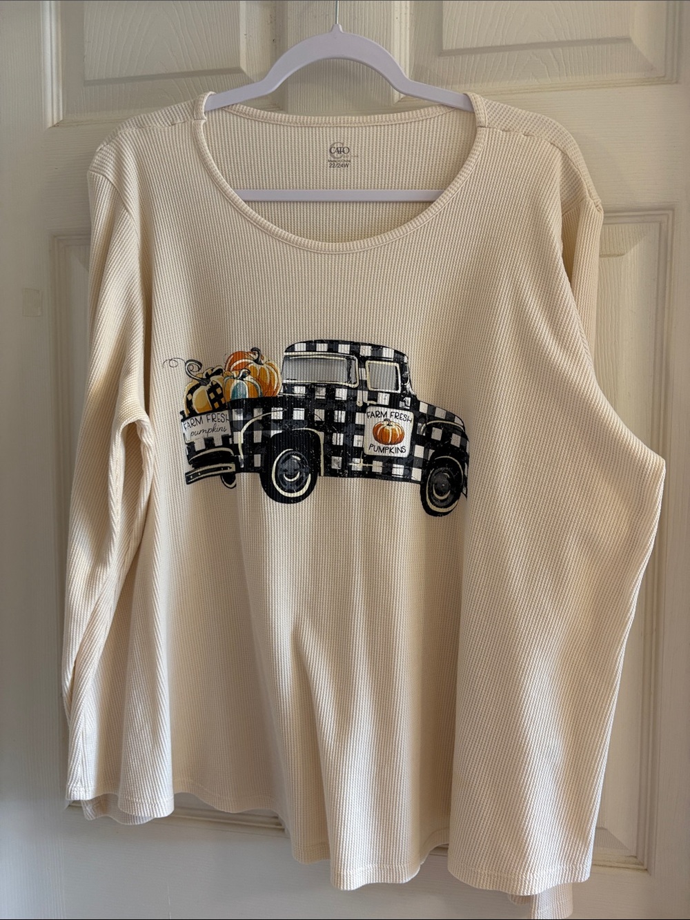 Cream Long-Sleeve Top with Buffalo Check Pumpkin Truck